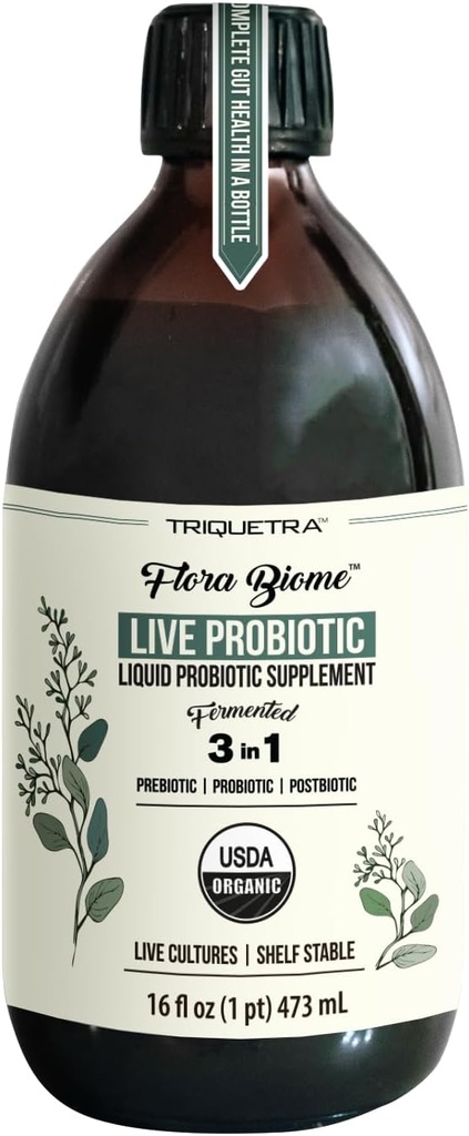 Flora Biome - Probiótico en vivo, Prebiótico, " Postbiótico – Ecológico en vivo – 10 Strains Probióticos, 18 Herbs Fermented - Completa Gut Health " Microbiome Optimizer (16 oz)
