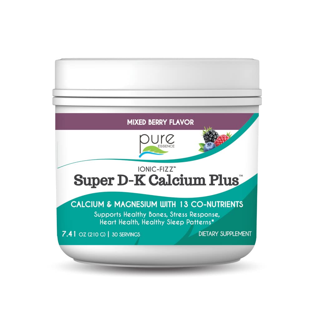 Ionic Fizz Super D-K Calcium Plus por Esencia Pura - con Magnesio Extra, Vitamina D3, Vitamina K2 para Huesos Fuertes y Estrés Soporte - Berry mixto - 7.41oz