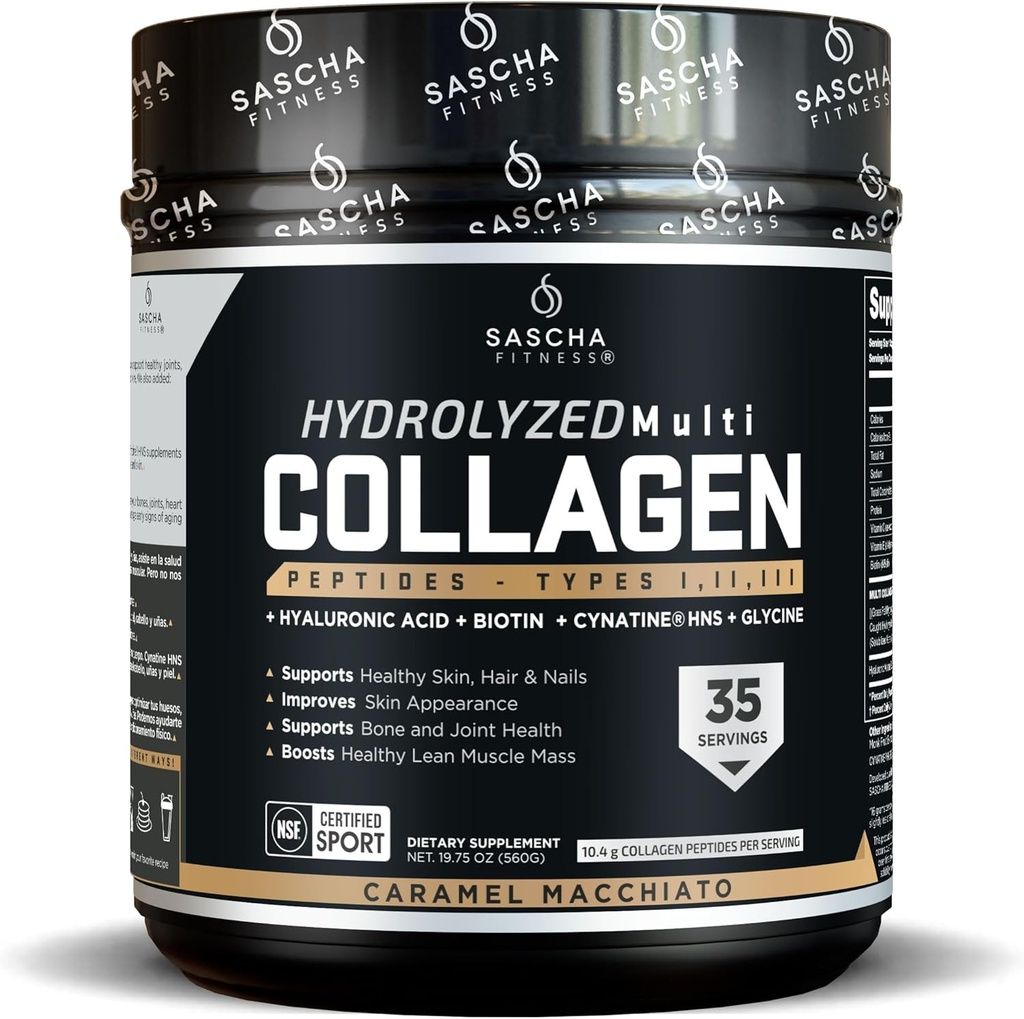 SASCHA FITNESS Hydrolyzed Multi Collagen Peptides Tipes 1,2 & 3 |Hyaluronic Acid|Biotin |Cynatine HSN|Vitamin C & E |for Hairs, Skin & Bone Support|Caramel Macchiato