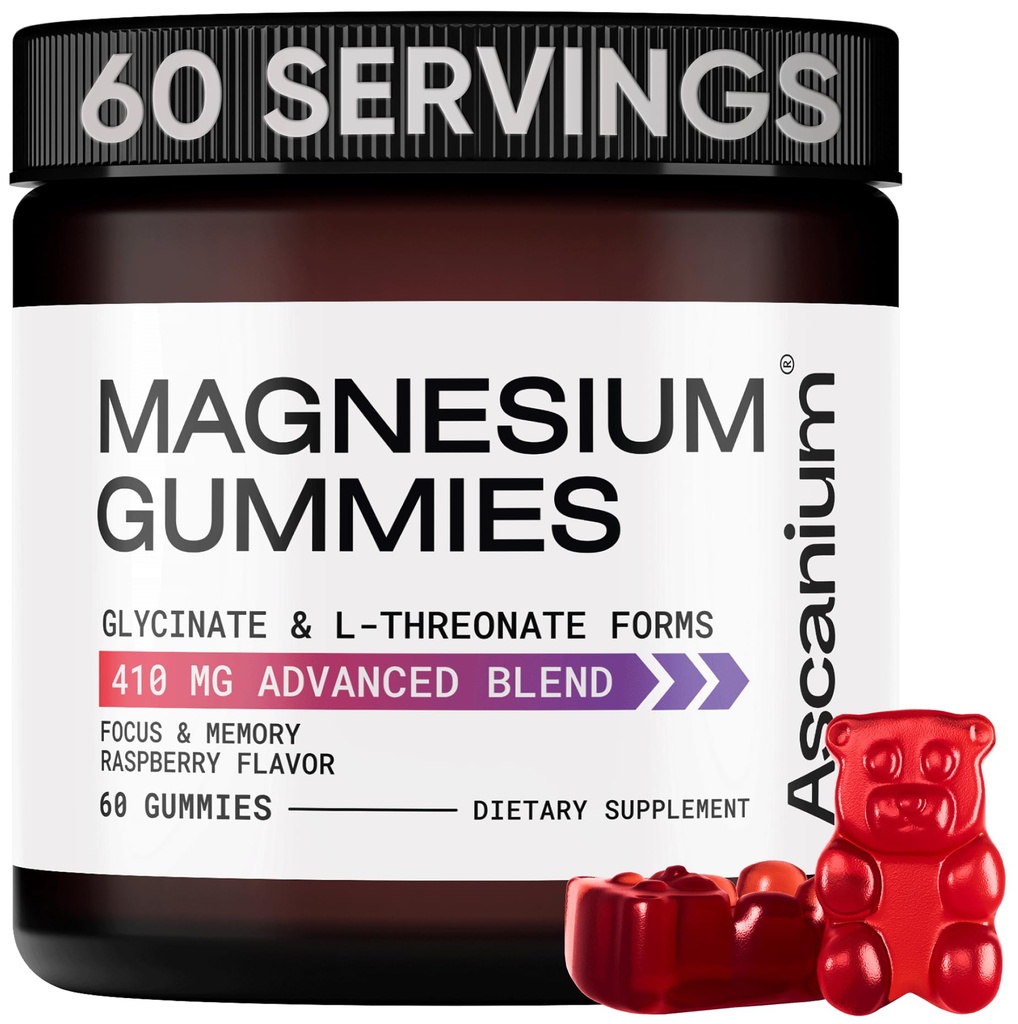 Magnesio Gummies - 410mg de Magnesio Elemental Glycinate & L-Threonate Suplemento Complejo - Magnesio vegano Glycinate Gummies for Calm Mood, Muscle & Heart Support - Magnesium Chewable Gummy 60 pcs