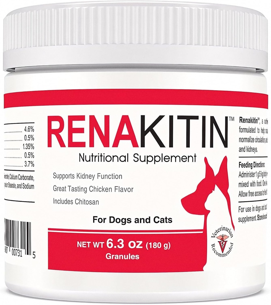 Suplementos de Riñón Renakitin para perros gatos - Contiene carbonato de Chitosan & Calcio, Soporte Función de Riñón Optimal, Gran Sabor de Pollo de Cata, 6.3 oz