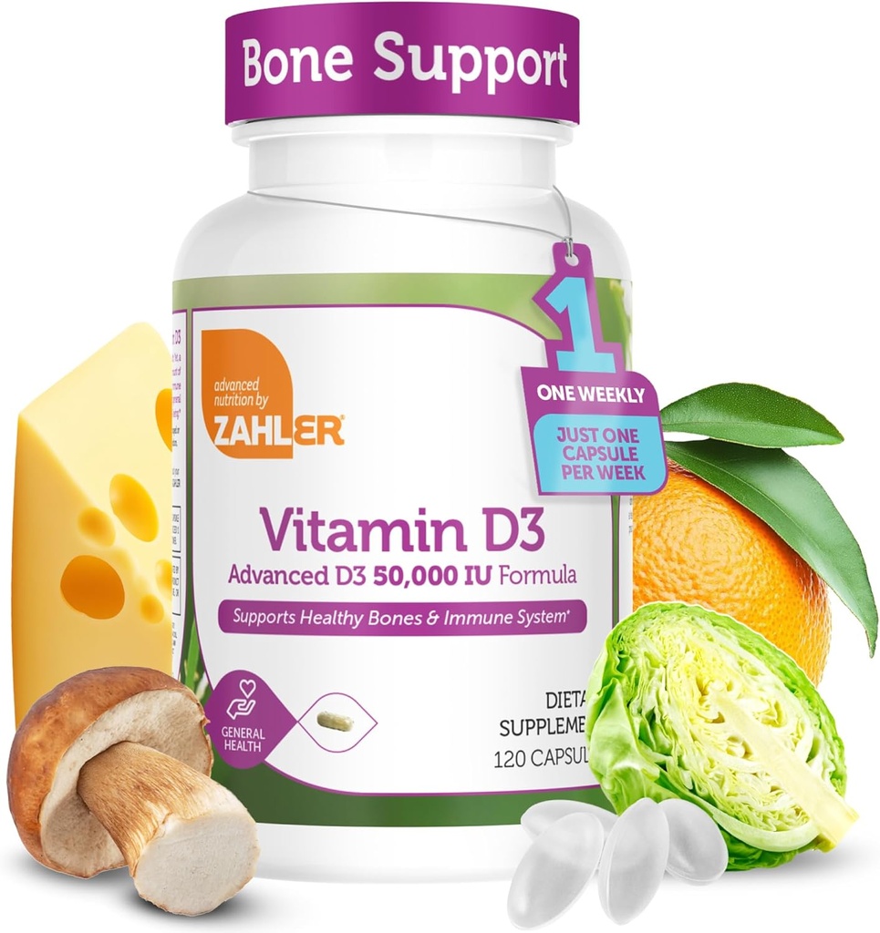 Zahler - Vitamina Avanzada D3 50000 cápsulas UI (120 Conde) Kosher Végetariana Amistosa Vitamina D para Apoyo Inmunitario, Hueso, Dientes & Salud Musculo - Semanal D3 Vitamina Suplemento- Fácil Trágica Vitamina D3.