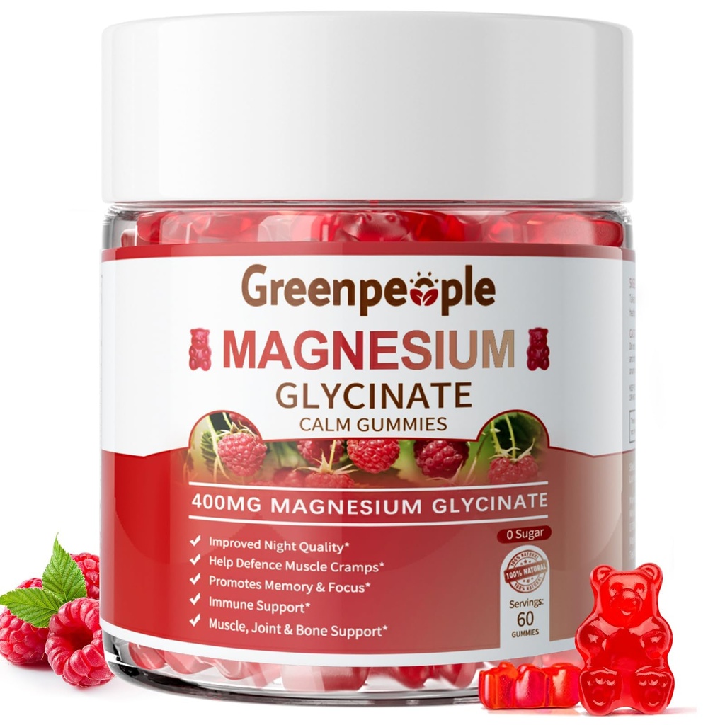 GREENPEOPLE Magnesium Glycinate Gummies 400mg - Suplemento de Potasio de Magnesio Gratuito con Magnesio Malate, Vitamina D, B6, y CoQ10 para el apoyo a la calma &amp; sueño para adultos - Raspberry Gummies