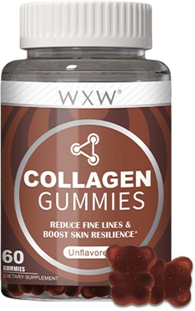 WXW Hidrolyzed Collagen Peptides Gummies for Women, Non-GMO Fórmula anti-envejecimiento con Biotina, Zinc, Vitaminas C & E para el cabello, la piel y las uñas Ø 60ct,Vanilla desarmado