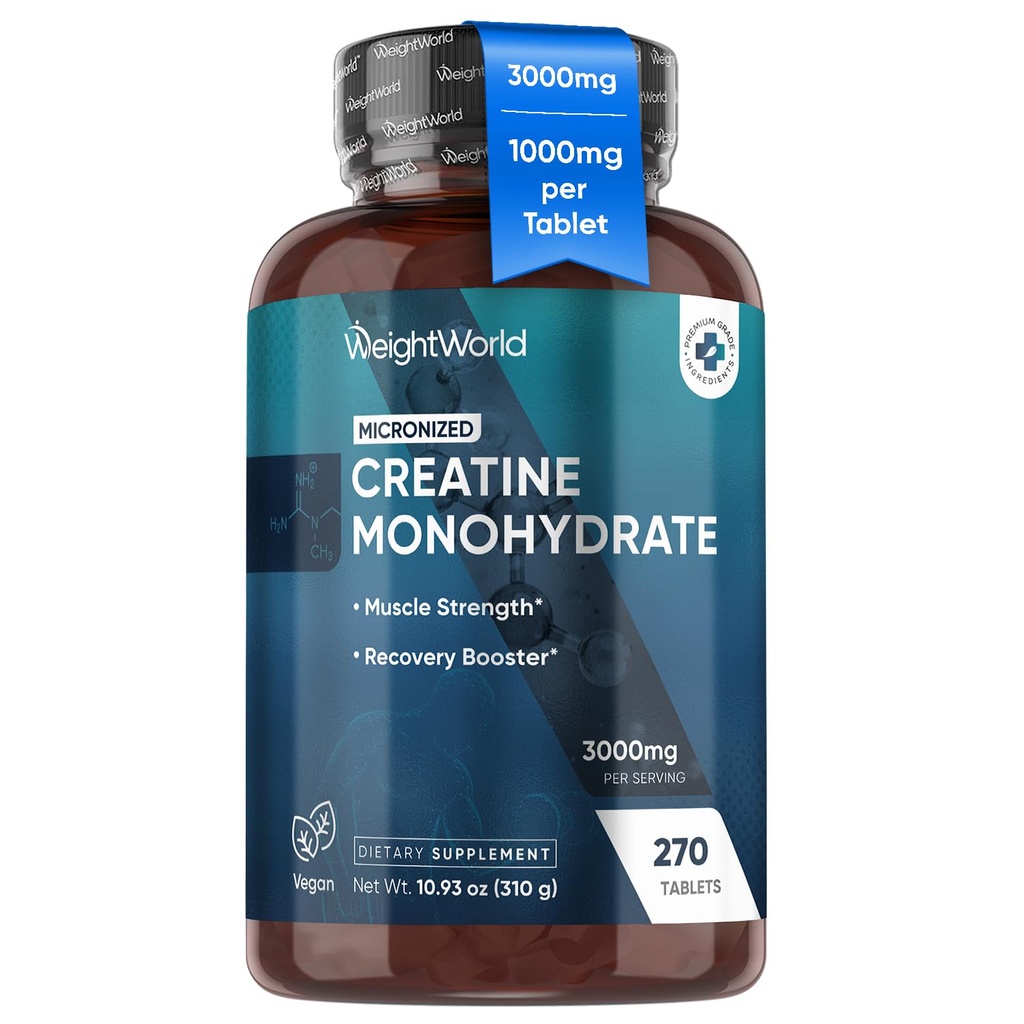 WeightWorld Micronized Creatine Monohydrate 3000mg Vegan Tablets ← Muscle Strength &amp; Recovery Booster TEN 3 Months Supply - 270 Tabs ← Creatine for Women &amp; Men TEN Non-GMO, Gluten-Free TEN 3 Tablets a Day