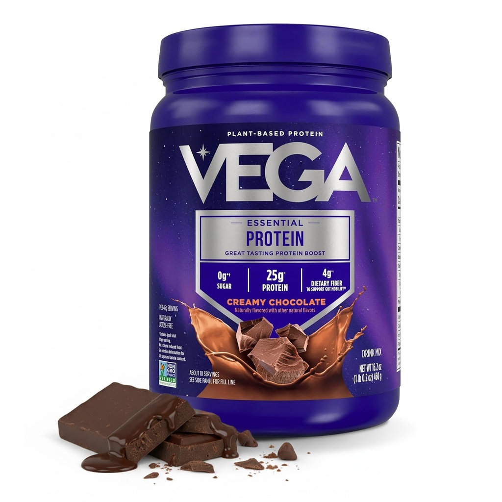 Vega Original Proteína Esencial - 25g Proteína de base vegetal, Chocolate Creamy, 10 Servings, Vegan Non-GMO Drink Mix, Smoothie & Shake List, Gluten Free, Dairy Free, 16.2oz (Packaging May Vary)