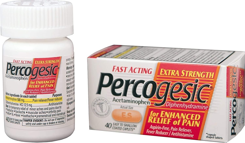 Tablas de Alivio de Dolor Libre de Aspirina Percogesica, Fuerza Extra, Acetaminofeno y Diphenhydramina, 40 ct (Pack of 1)