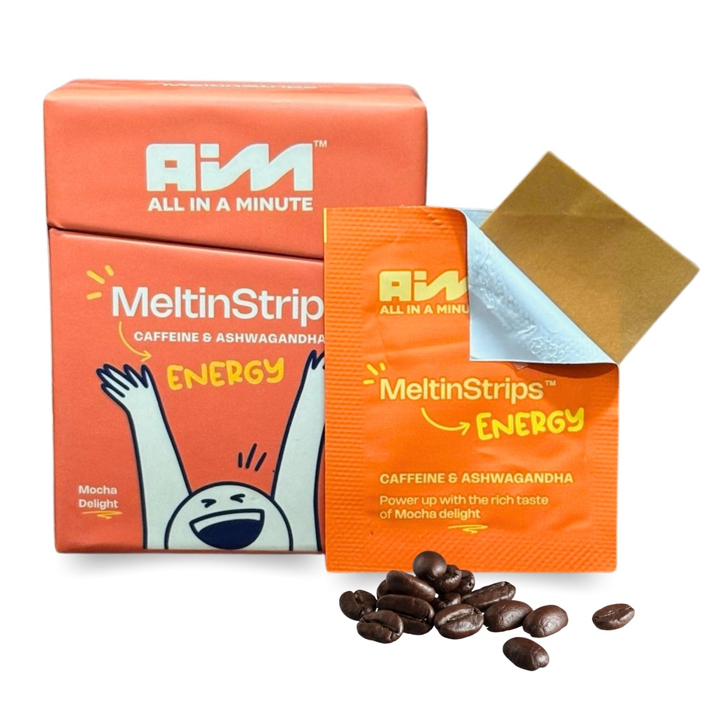 MeltinStripsTM Energy Strips with 40mg Caffeine, 20mg Ashwagandha & Vitamin B12 ← Energía instantánea > Sin Jitters o Crash ← Trabaja más rápido que el café ¦ Mocha Flavor - 30 Strips