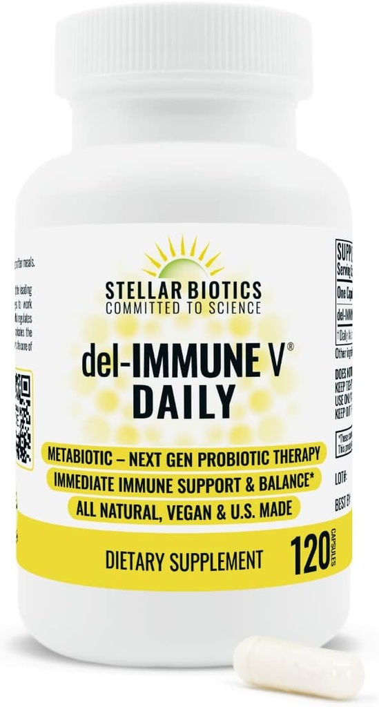 Del-Immune V® Daily by Stellar Biotics, All-Natural Immune Support " Gut Health, Instant Care, Metabiotic: NextGen Probiotic Therapy (120 Caps)