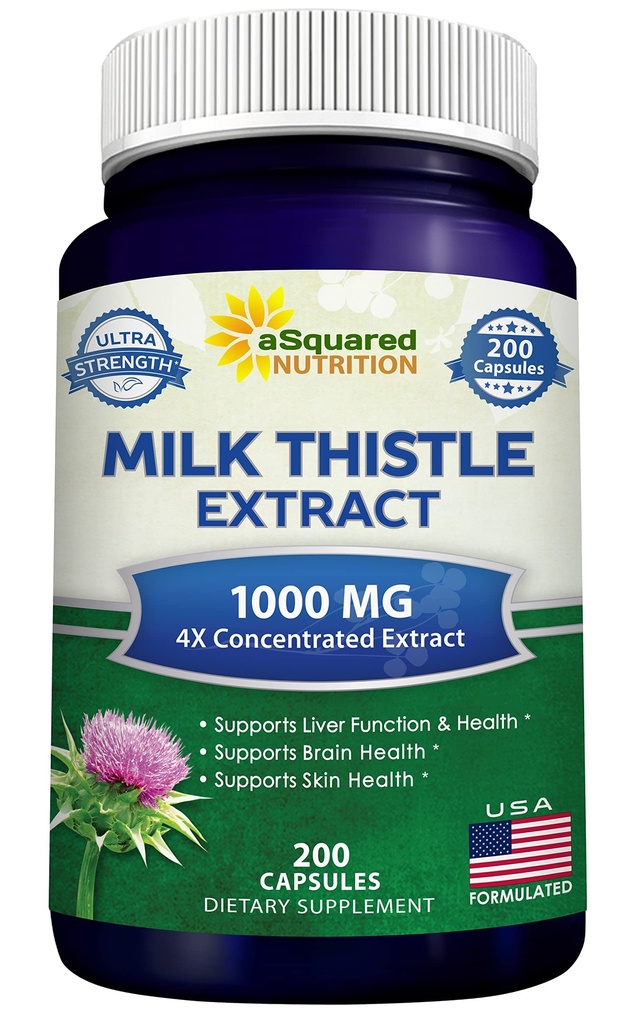 ASquared Nutrition Milk Thistle Suplemento 1000mg-200 Capsules,Max Strength 4X Concentrated Extract 4:1 Milk Seed Powder Herb Pills, 1000 mg Silymarin Extract for Liver Support, Cleanse, Detox