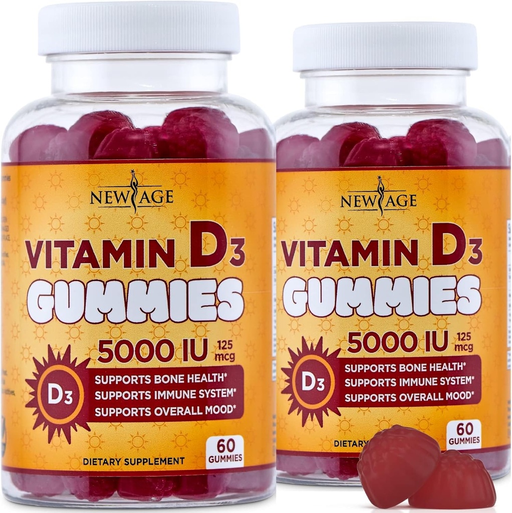 NUEVA AGE Vitamina D3 5000 UI 125mcg Gummies - Soporte para Inmunes, Strong Bone Health - Non-GMO, Gluten-Free, Dairy-Free, No Gelatin (120 Gummies (Pack of 2))
