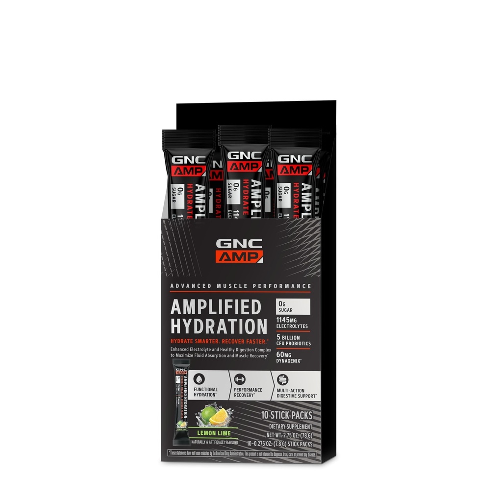 GNC AMP Amplificado Hydration Electrolyte Powder Drink Mix  Enhanced Electrolyte &amp; Healthy Digestion Complex ← Lemon Lime  10 count