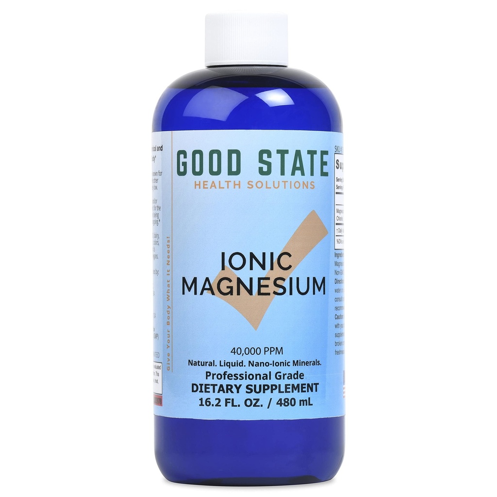 Good State ← Ionic Magnesium 16 oz. sometida Natural ← Nano Sized Mineral Technology ← Grado profesional  Apoyo Saludable Química &amp; Enzymes Reacciones ← 192 Serviciones a 100 mg por servir  16 Fl oz Bottle