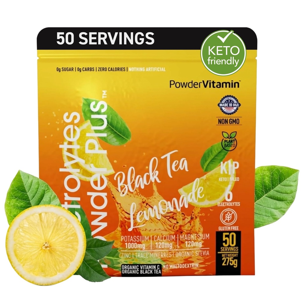 Electrolytes Powder Plus (50 Servings) Black Tea Lemonade Electrolyte Powder Zero Calorie Keto,0 Sugar, No Maltodextrin,1000mg Potassium,120mg Calcium,120mg Magnesium, Hydration Powder