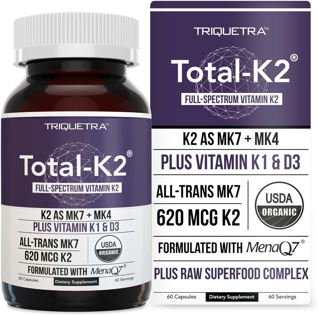 Total K2® Ø Vitamina K2 como MK7 & MK4 tención Plus K1 & Vitamina D3 Cofactor - 620 mcg K2 per Serving - All-Trans MK7 de MenaQ7® - Full-Spectrum Vitamin K - Vegan, Certified Orgánico (60 cápsulas)