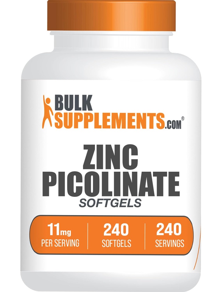 BulkSupplements.com Zinc Picolinate Softgels - Zinc 11mg, para Immune Support, Gluten Free - 1 Softgel por Serving, 240 Cuenta (Pack of 1)