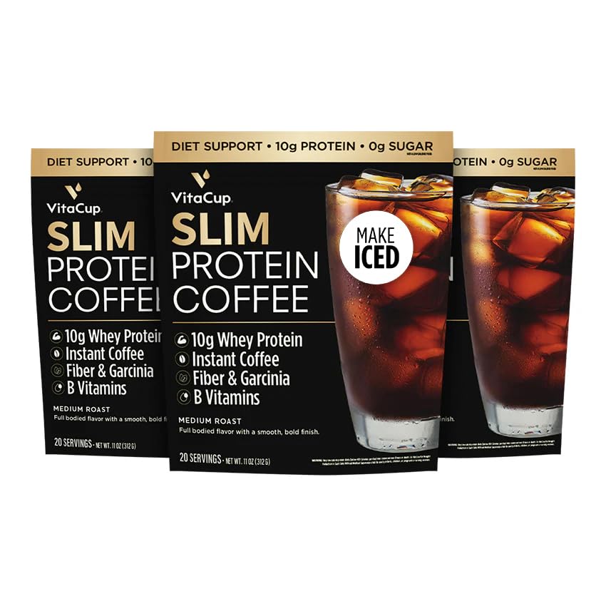 VitaCup Slim Protein Coffee Shake for Diet Support, Instant Coffee w/Whey Protein Powder, B Vitamins & Fiber, Dietitian Developed for Performance & Taste, Make as Iced or Shake, 3 Bags
