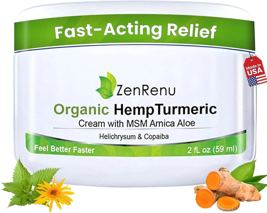 Zenrenu Orgánica Hemp Turmeric Conjuntos & Crema muscular con Arnica, MSM, extracto de aceite de cáñamo, " 7 aceites esenciales - no grasa " rápida absorción para atrás, cuello, codos, rodillas, " Hip 4 oz