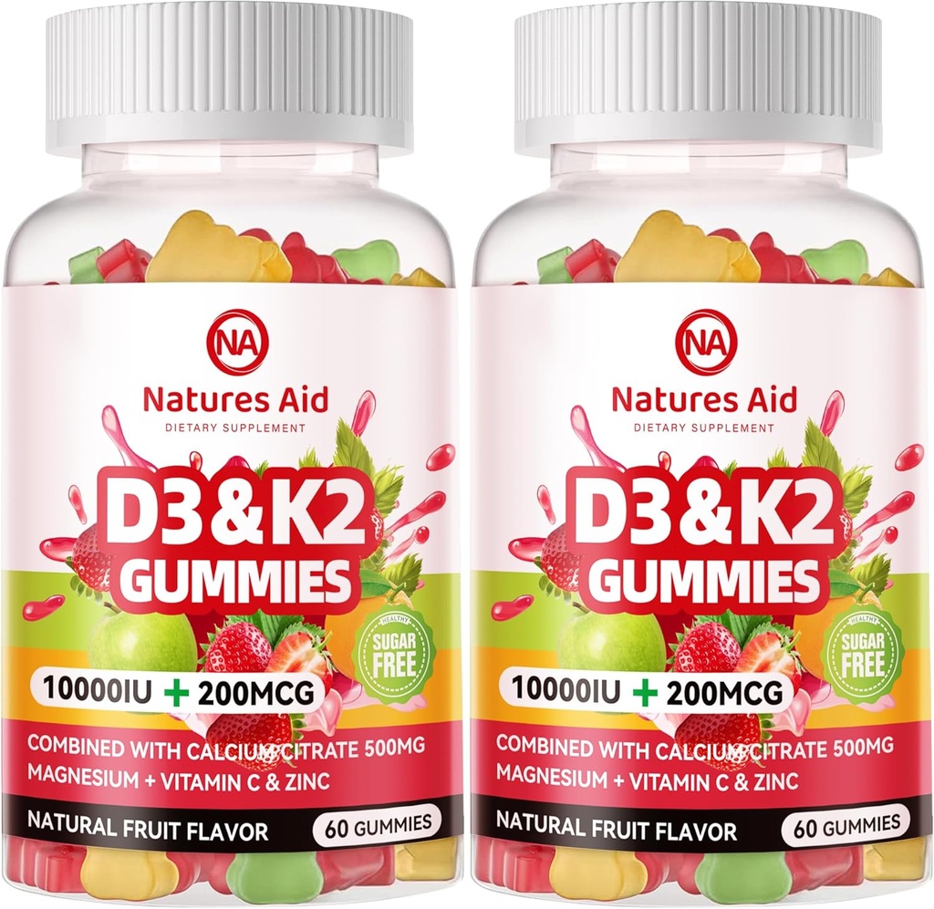 [BRSRAFI2BF5GC336] Vitamina libre de azúcar D3 K2 Gummies con calcio + K2 (MK-7), Citrato de magnesio, vitamina C, fuerza extra - absorción máxima para dientes de músculo de hueso Immune, Vegan - 120 Gummies