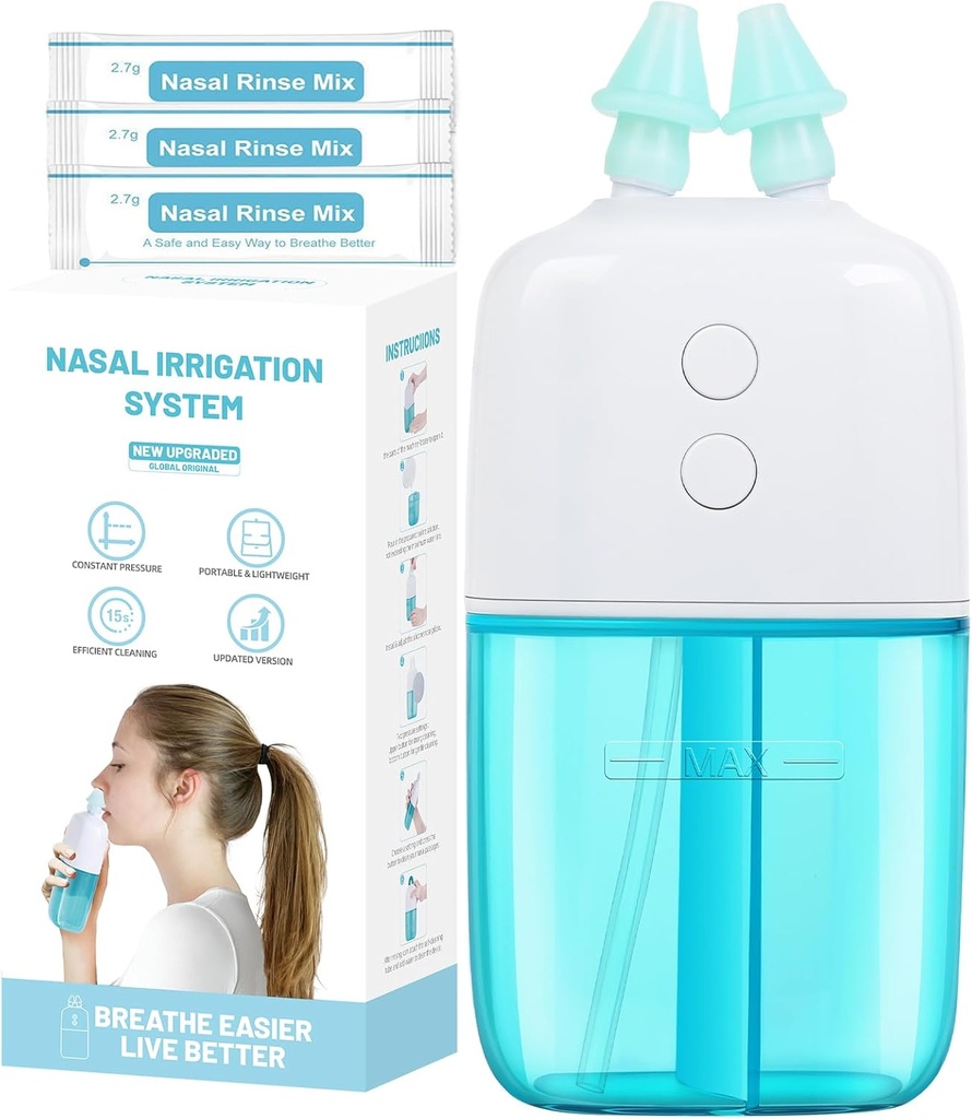 Nasal Irrigation System con 30 Saline Packets – Dual Speed and Auto Waste Collection – Portable and Travel-Friendly Nasal Irrigator – Nasal Cleaner for Sinus Relief Nasal Rinse Machine