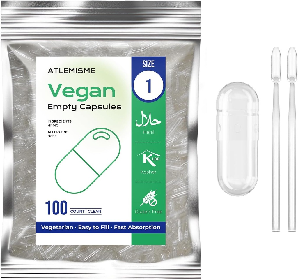 Empty Vegan Capsules Tamaño 1 - Vacío (100 Cuenta) DIY Relleno de cápsulas vegetales - Veggie Caps con 2 cucharas de laboratorio para relleno de cápsulas