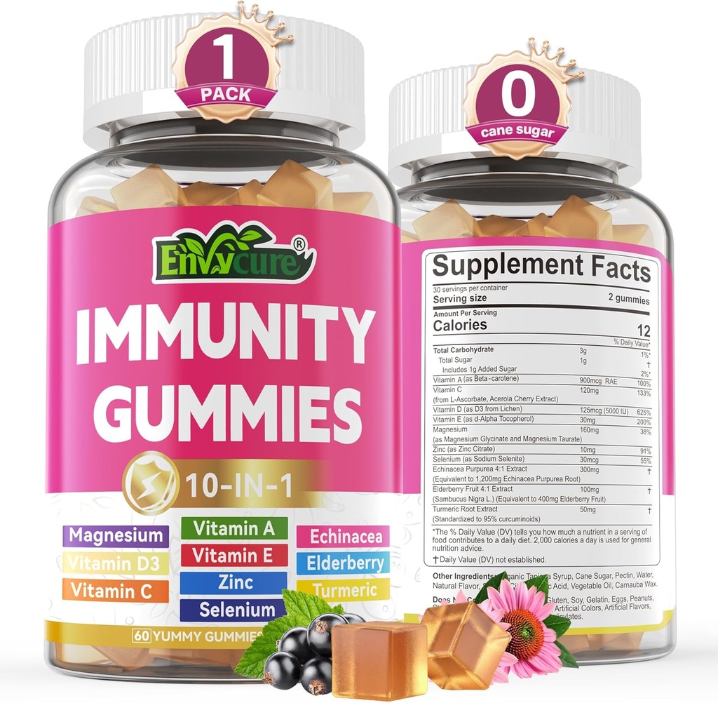 10 in 1 Immune Support Suplemento Gummies, w/Echinacea, Elderberry Vitamin C y Zinc, Selenium, Vitamina D3 5000IU, Magnesium, Daily Immune Booster Multivitamin, para Antioxidante Bone Energy, 1 Pack