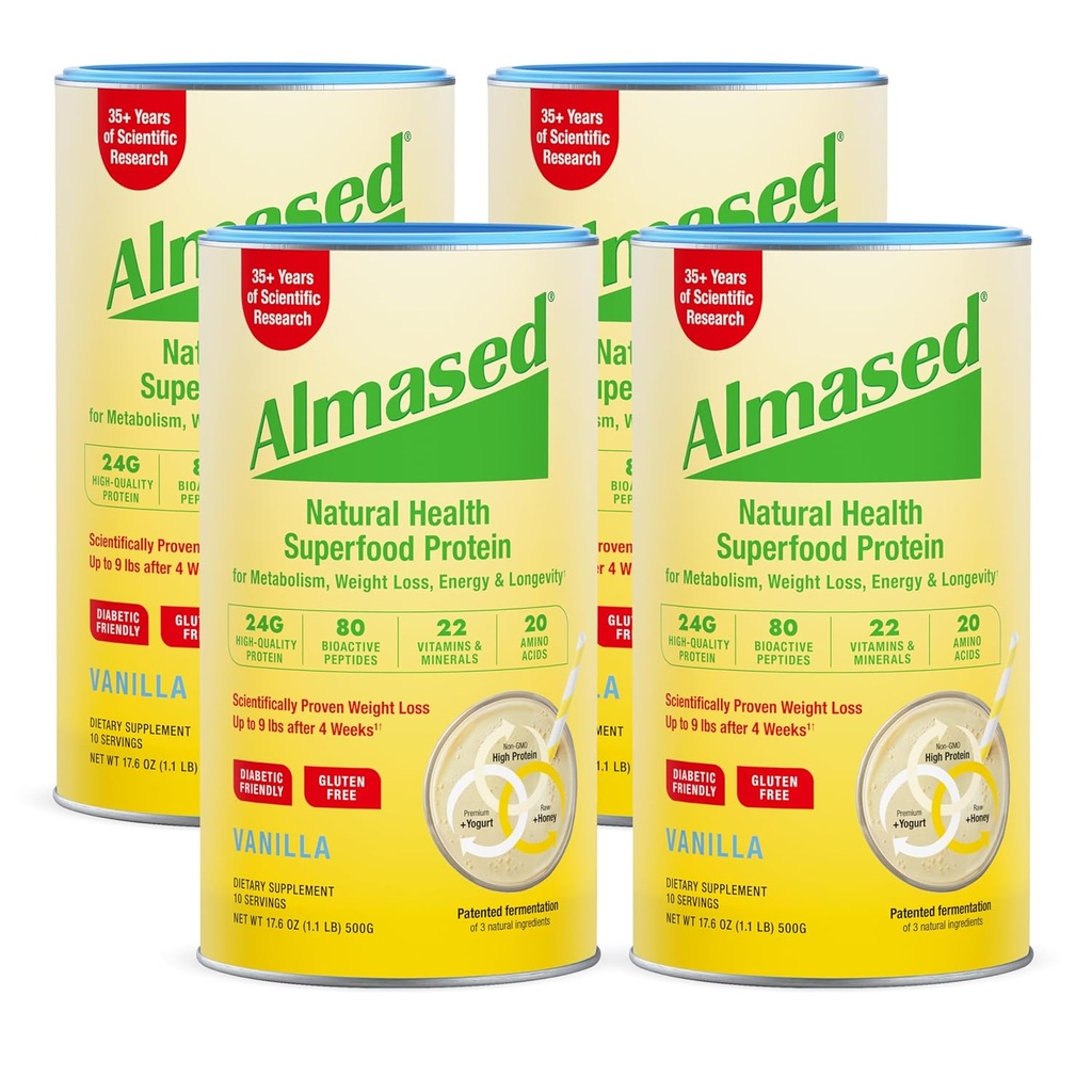 Almased Vanilla Reemplazamiento de la comida Shake - Baja Glucemia Suplemento de apoyo a la salud de peso nutricional de base de alta planta - Vainilla Flavor - 17,6 oz (1,1 libras (4 paquete))