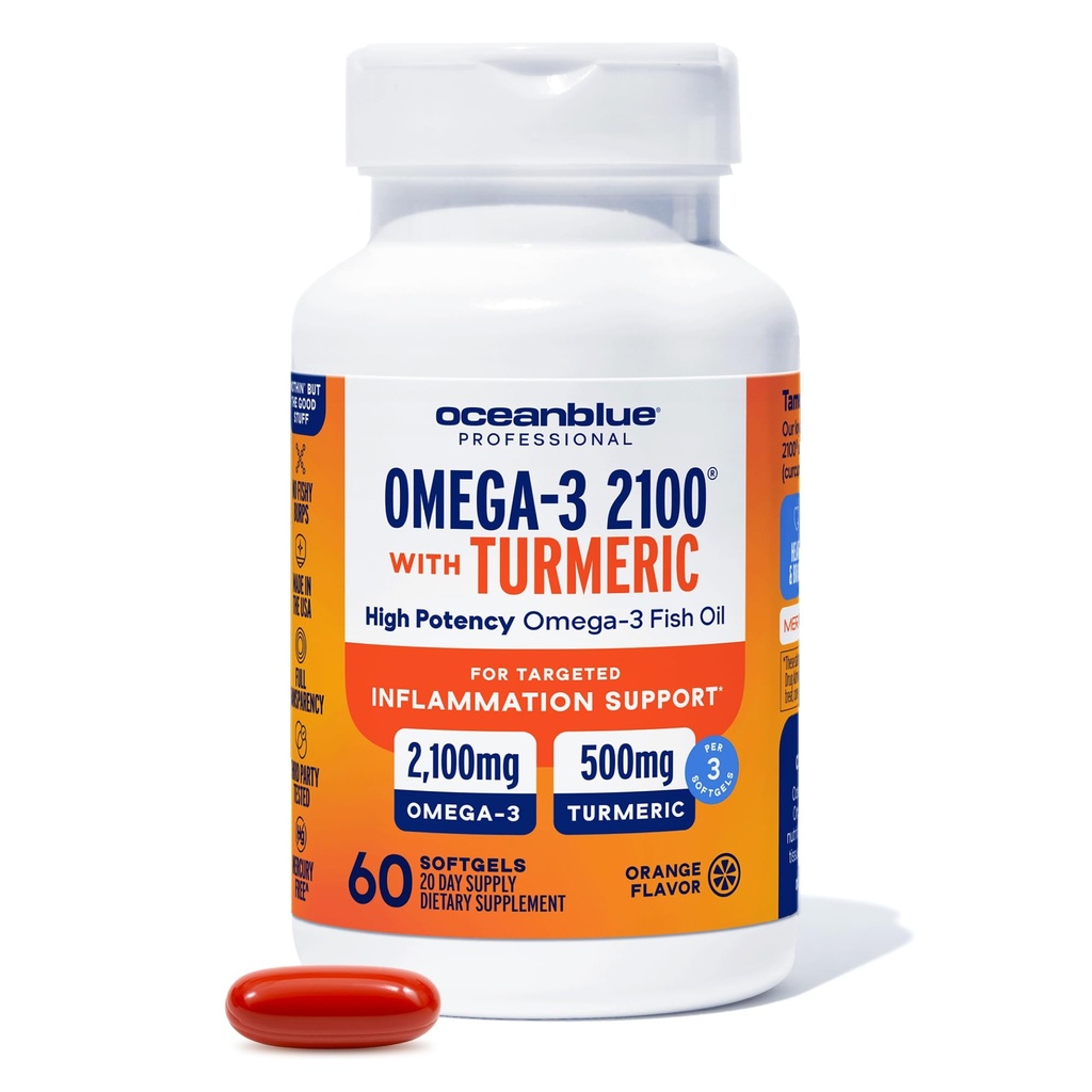 Oceanblue 2100 Triple Strength Omega-3 Fish Oil with Turmeric  sometida Burpless Omega 3 Combo Suplemento con Curcumin EPA DHA DPA durable Heart and Joint Support ← 60 Softgels