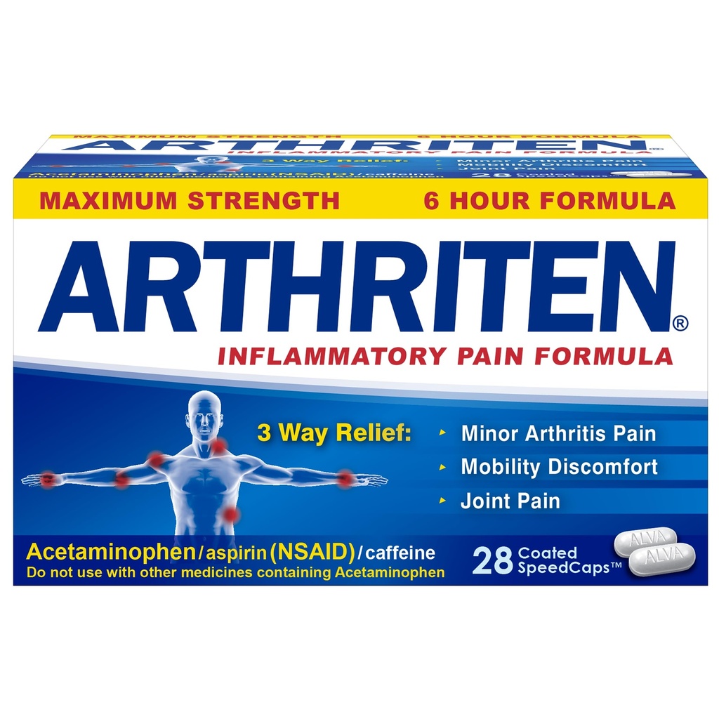 Fórmulas de Dolor Inflamatorio con 3 Ingredientes Activos: Aspirina, Acetaminofeno &amp; Caffeine, Blanco, 28 Cuenta (Pack of 1)