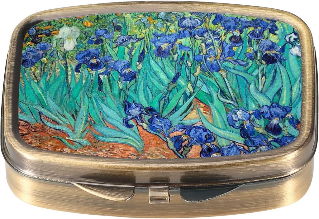 Caja de pill de Dynippy Caja de pill con espejo de retro Pocket 2 Compartment Medicine Case Vitamin Pill Organizer for Pocket Purse and Travel (A-Van Gogh Irises)