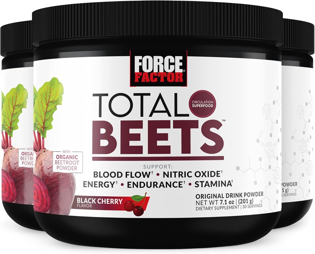 FACTOR DE FORCE FACTOR Total Beets Superfood Beet Root Powder 3-Pack, Nitratos para apoyar Circulación, Flujo de Sangre, Oxido Nitrico, Energía, Resistencia, Stamina, Cardiovascular Heart Health Supplement, 90 Servings