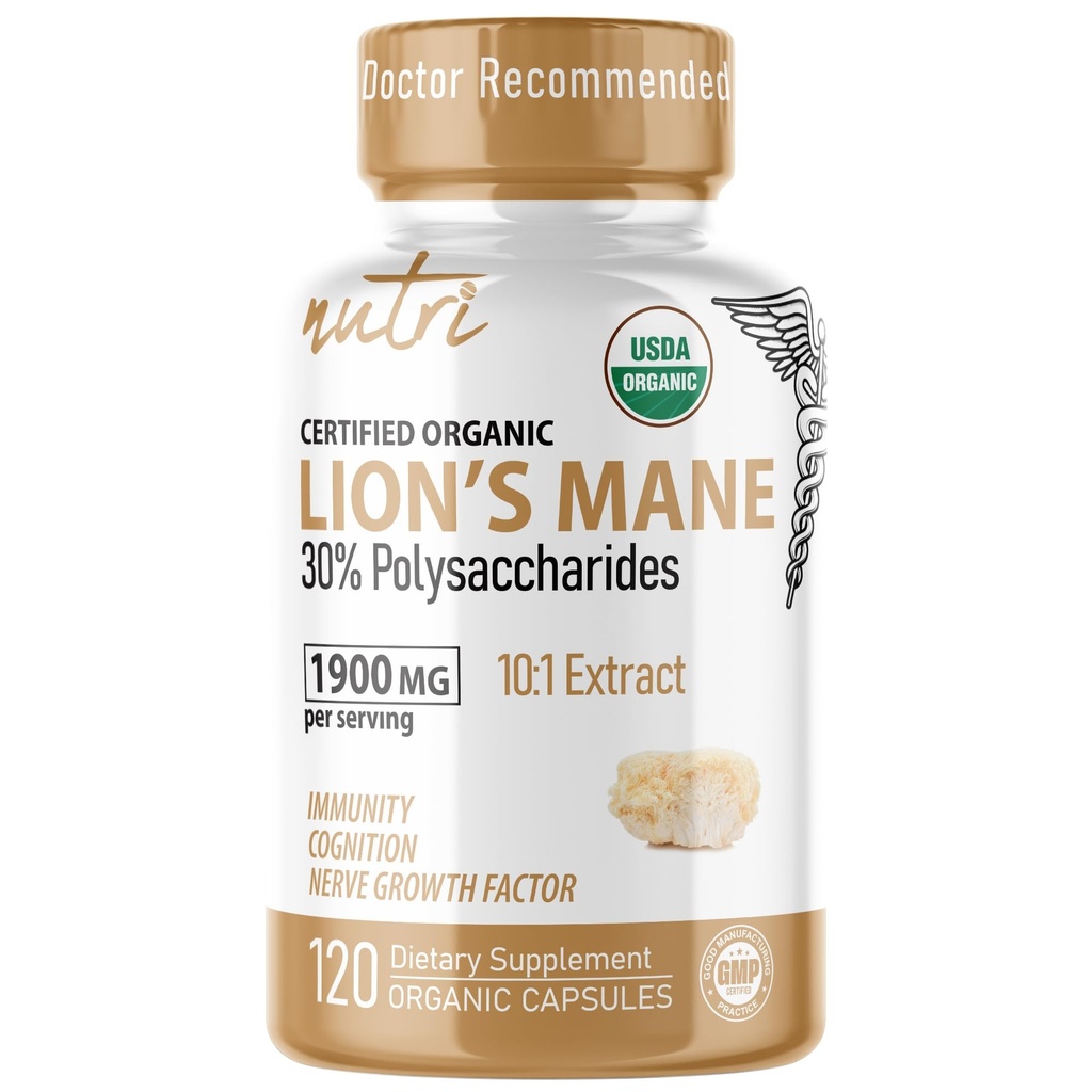Fusiones de la naturaleza Nutri Leones orgánicos Mane Suplemento cápsulas - 1900 mg, 10:1 Doble Extracción, 120 Conde - Extracto de hongos (Fruiting Body) - Tercera Parte testado