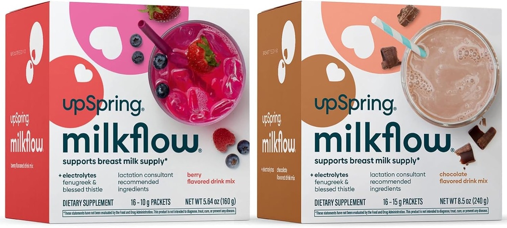UpSpring Milkflow Electrolyte Breastfeeding Suplemento Bebida Mix con Fenugreek Silencio Chocolate " Berry Flavor tóxica Lactation Suplemento para promover el suministro de leche de mama saludable " Restaurar electrolitos Ø 2 Pack