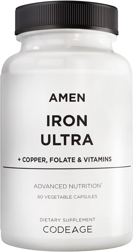 Amen Iron Ultra Suplemento + Cobre, Folate, Vitamina C y B12-2-Mes Fuente - Ferrous Sulfate Iron Vitamina - 65 mg Por Serving - Folic Acid - No GMO Píldoras - 60 cápsulas