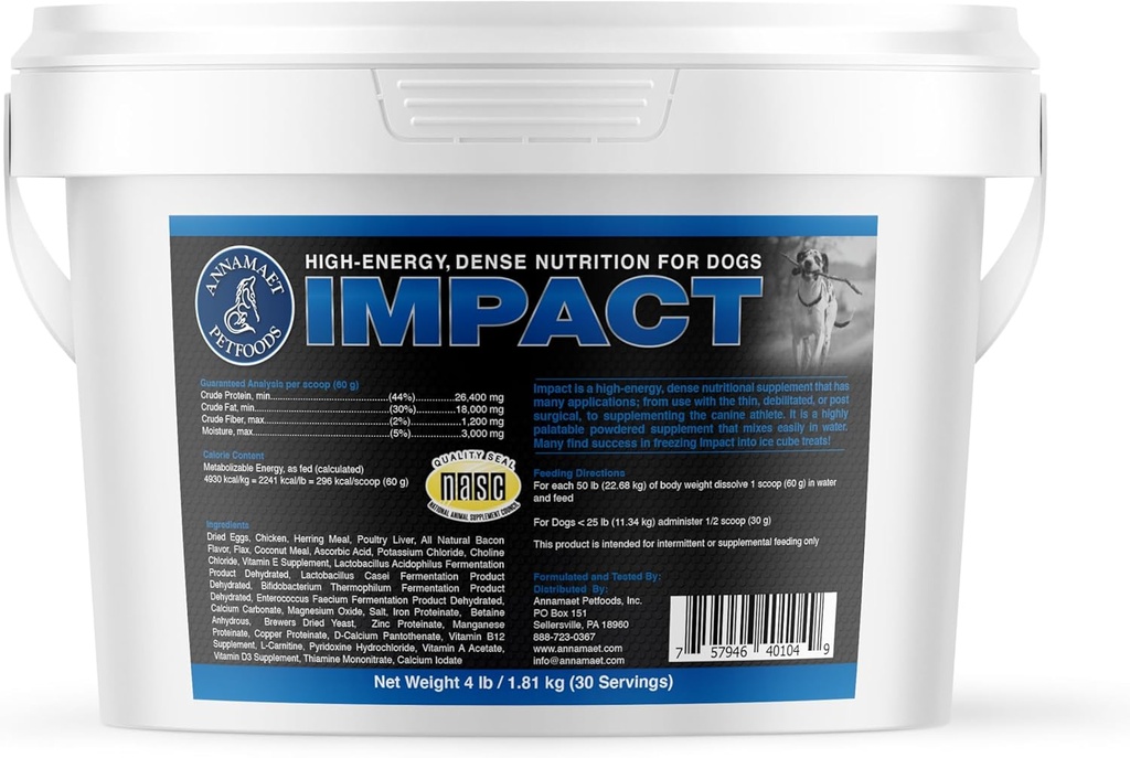Annamaet Impact – Suplemento de Nutrición de Densa de alta energía para perros – ayuda a apoyar la Peso saludable en atletas caninas, perros post-quirúrgicos y perros con metabolismo rápido - 4 lb