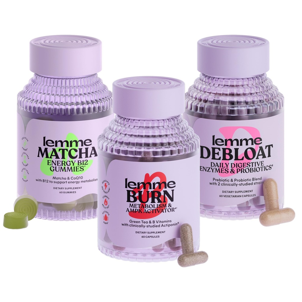 Lemme Burn, Debloat " Matcha Bundle - Metabolismo " Fat Burning Capsules + Bloating " Gas Relief Capsules + Energy B12 Gummies - Gluten-Free, Non-GMO - 60 ct.