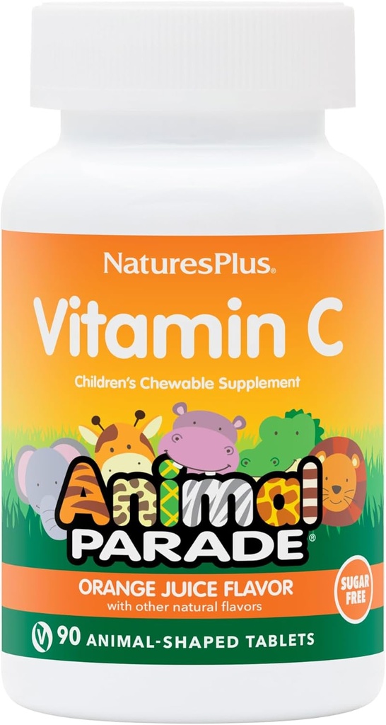 [BRSWIZQIBQBRU33C] Natures Plus Animal Parade Vitamina C, Natural Orange Juice Flavor - 90 Chewable Animal Shaped Tablets - Immune Support - Gluten Free - 45 servicios