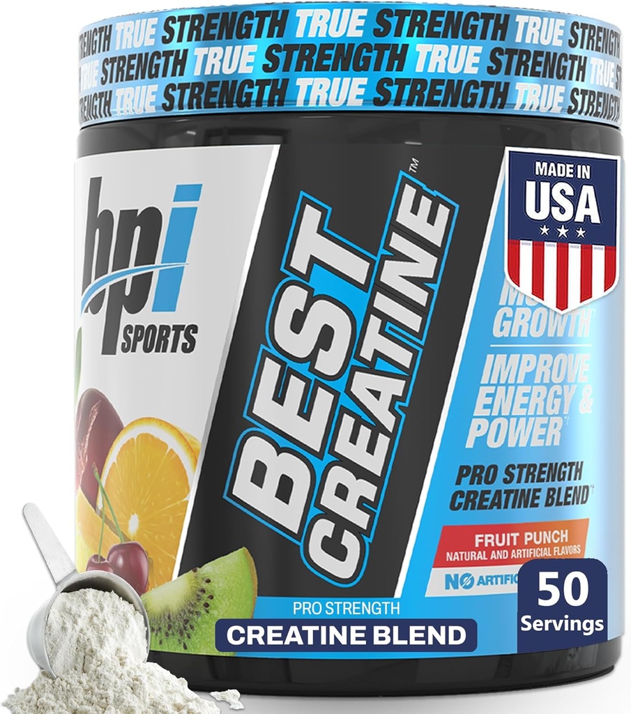 BPI Sports Best Creatine - Creatine Monohydrate Powder for Men & Women, Himalayan Salt - Strength, Pump, Endurance, Muscle Growth, Muscle Definition - No Bloat – Fruit Punch – 50 porciones – 10.58 oz