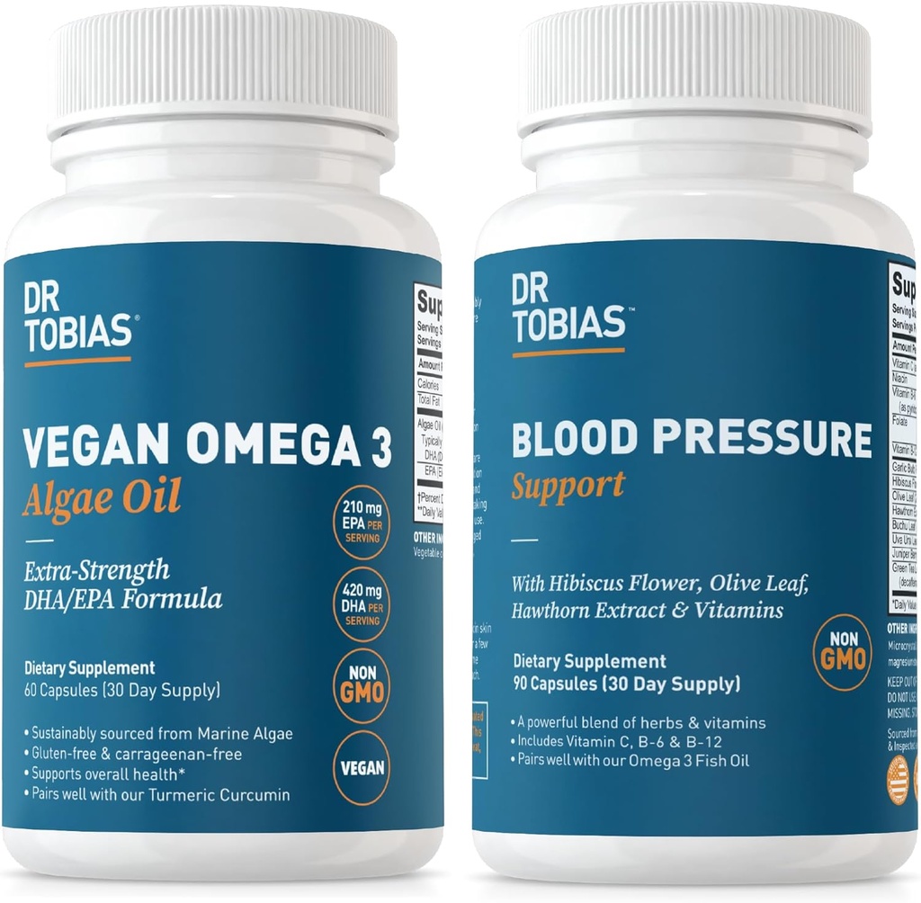 Dr. Tobias Vegan Omega 3 Algae Oil and Blood Pressure Support Supplement, Supports Normal Circulatory Health, Gut Immune Function and General Wellness, Non-GMO