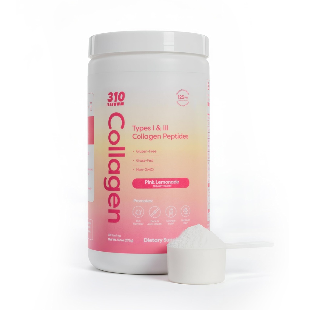 310 Nutrición Péptidos de colágeno hidrolizado Polvo para Hombres - Suplemento de colágeno de grano w / ácido hialurónico, Resveratrol, Vitamina C,D &amp; E para piel, cabello y uñas - 30 SRV Limonada rosa