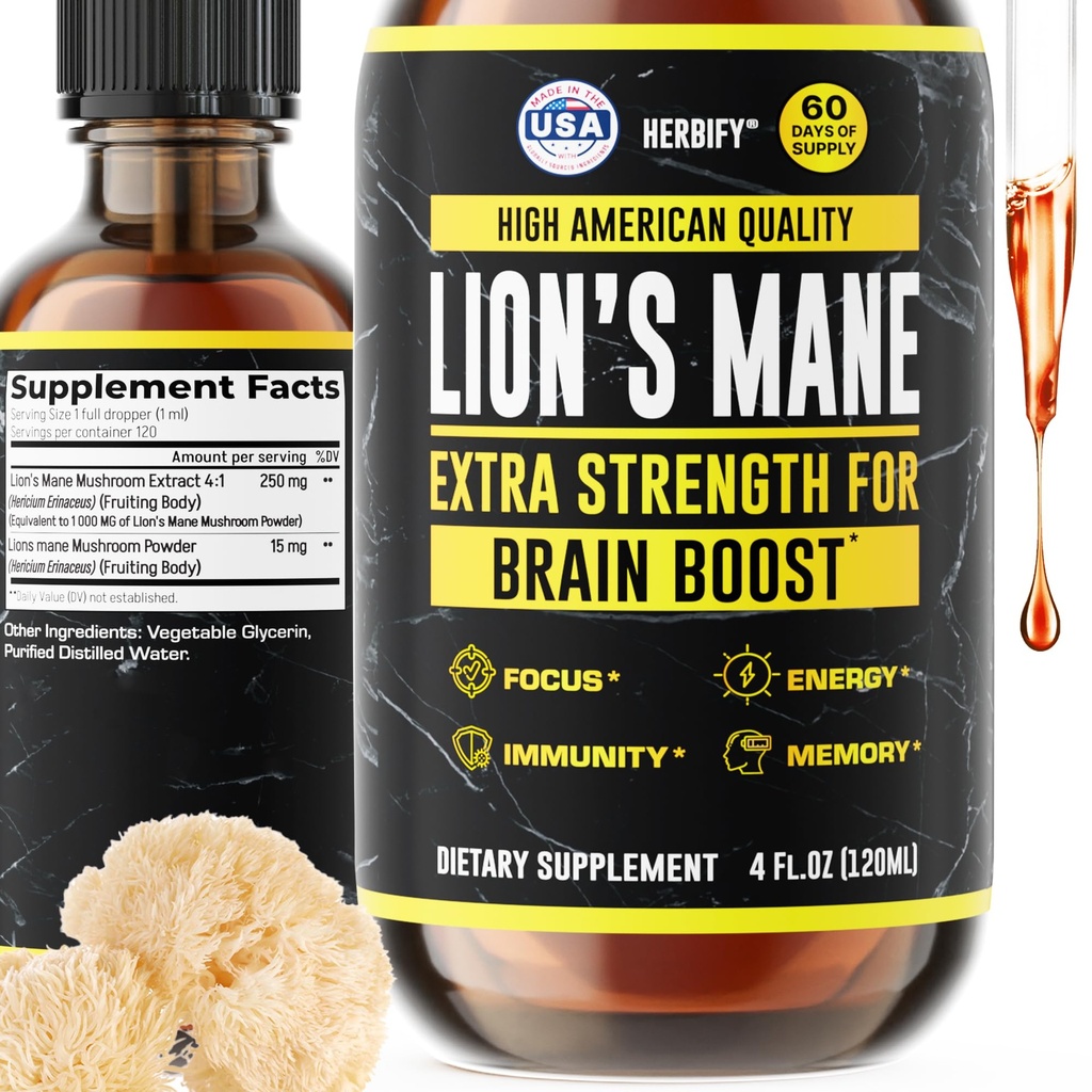 HERBIFY Lions Mane Suplemento - Daily Mushroom Suplemento para la memoria, Focus " Clarity - Brain Booster - Lions Mane Tincture for Immune Support - 4 Fl oz