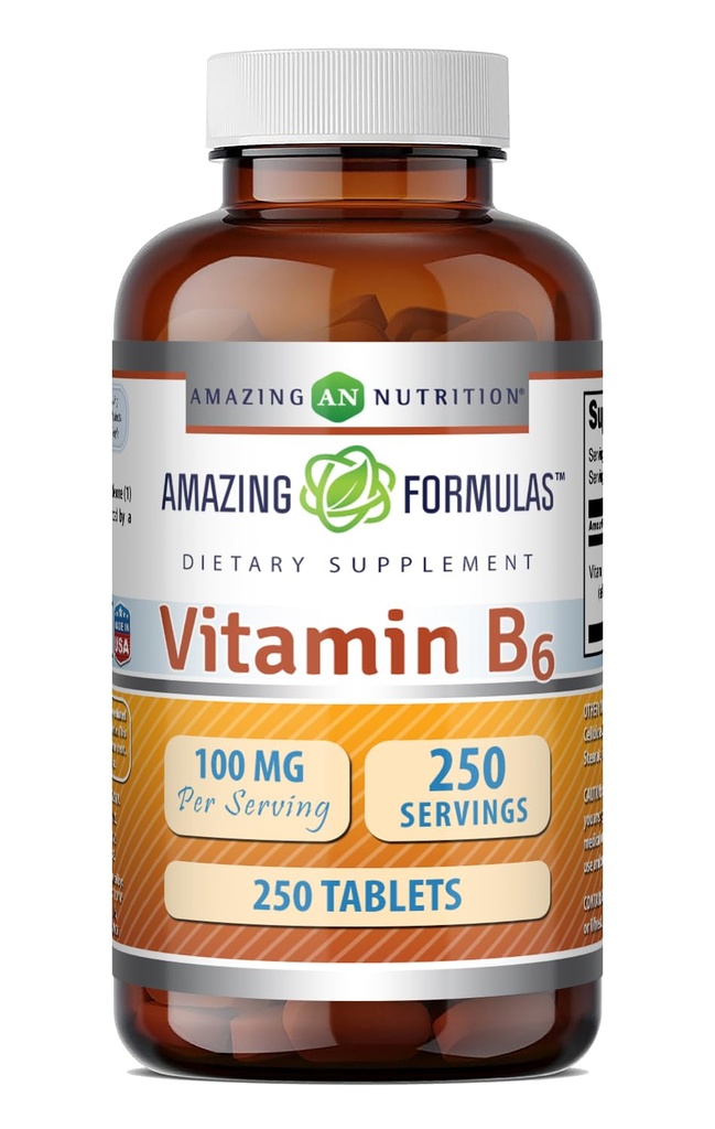 Fórmulas asombrosas Vitamina B6 Suplemento TENIDO 100 Mg por Serving TENIDO Tablets TENIDO NO Gluten-Free TEN Made in USA (1 Pack, 250 Count)