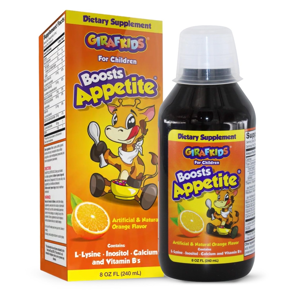 GirafKids Appetite Booster Syrup for Kids Ages 4+, 8 Fl Oz - Vitaminas para niños, Orange Flavor - Promueve un apetito saludable &amp; energía