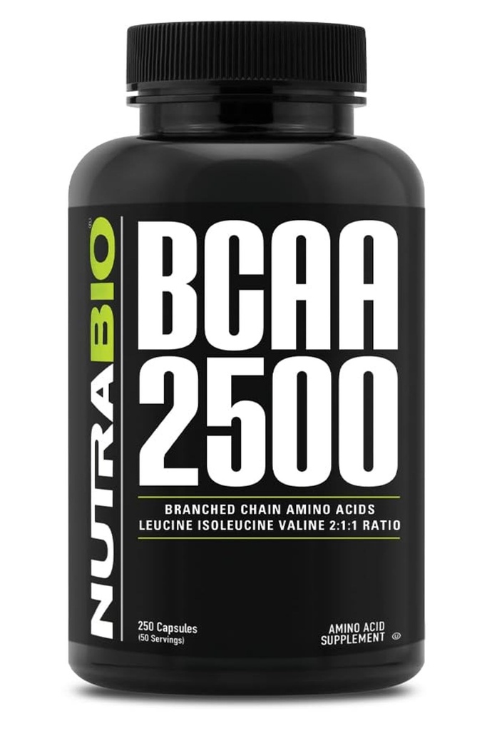 NutraBio – BCAA 2500 – Aminoácidos de cadena ramificados – Apoyar el nuevo crecimiento muscular y prevenir la desintegración muscular – 250 cápsulas