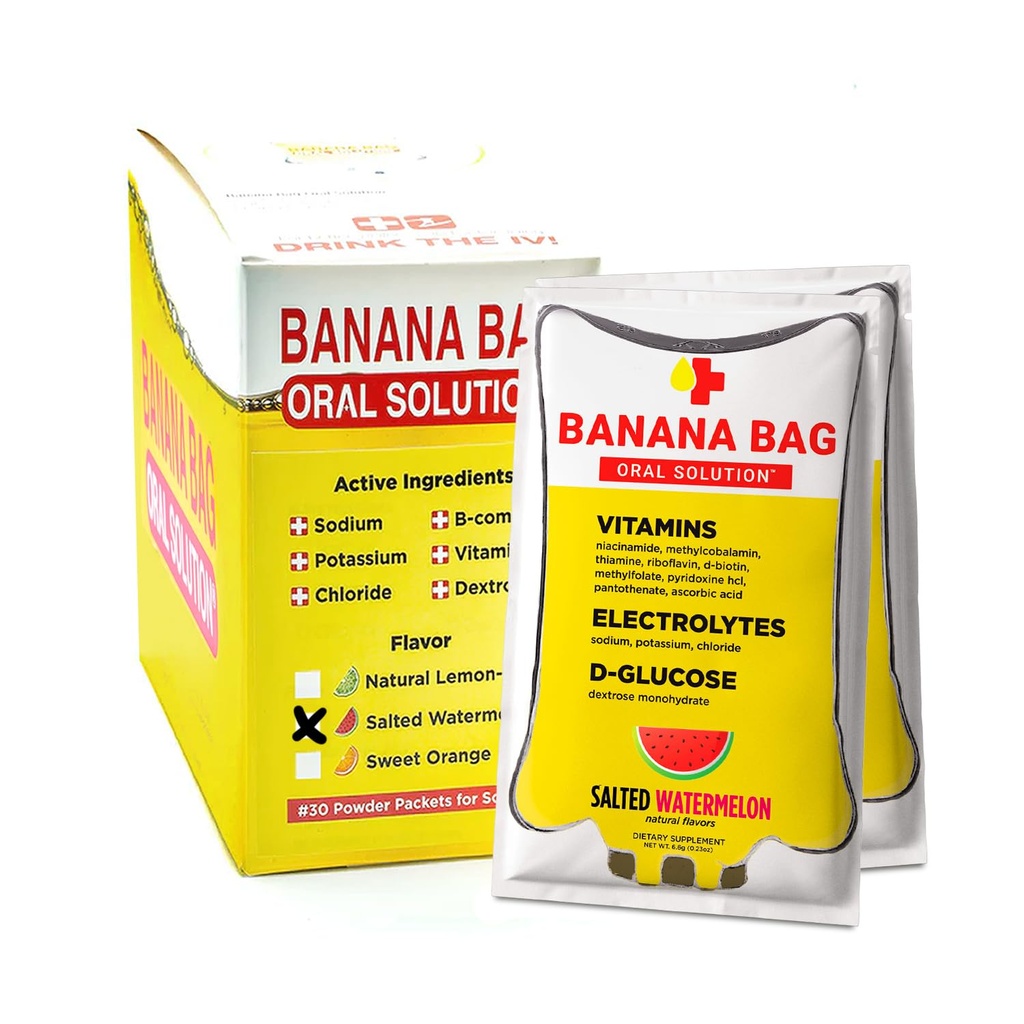 Bolso de plátano Solución Oral Packets – Salted Watermelon 30pk TENIDO A Refreshing Blend of Electrolytes, Vitamin C, y B-Complex for Hydration and Energy. Conveniente, fácil de usar y perfecto para el uso diario.