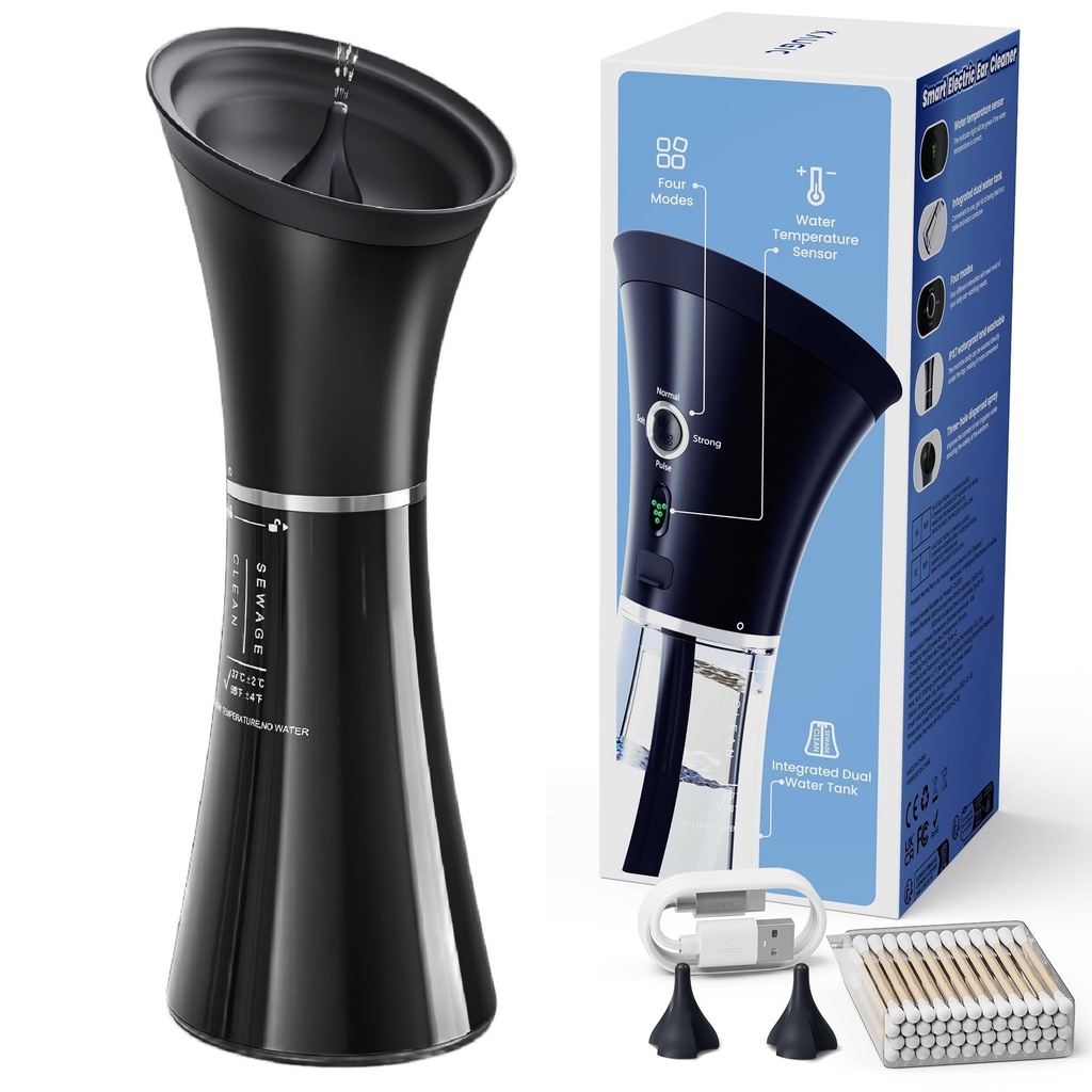 Removimiento de cera de oído actualizado con tanque de desechos de una crema, limpiador seguro con sensor de temperatura del agua, kit de riego de oído eficaz " USB-A a cable C, IPX7, negro