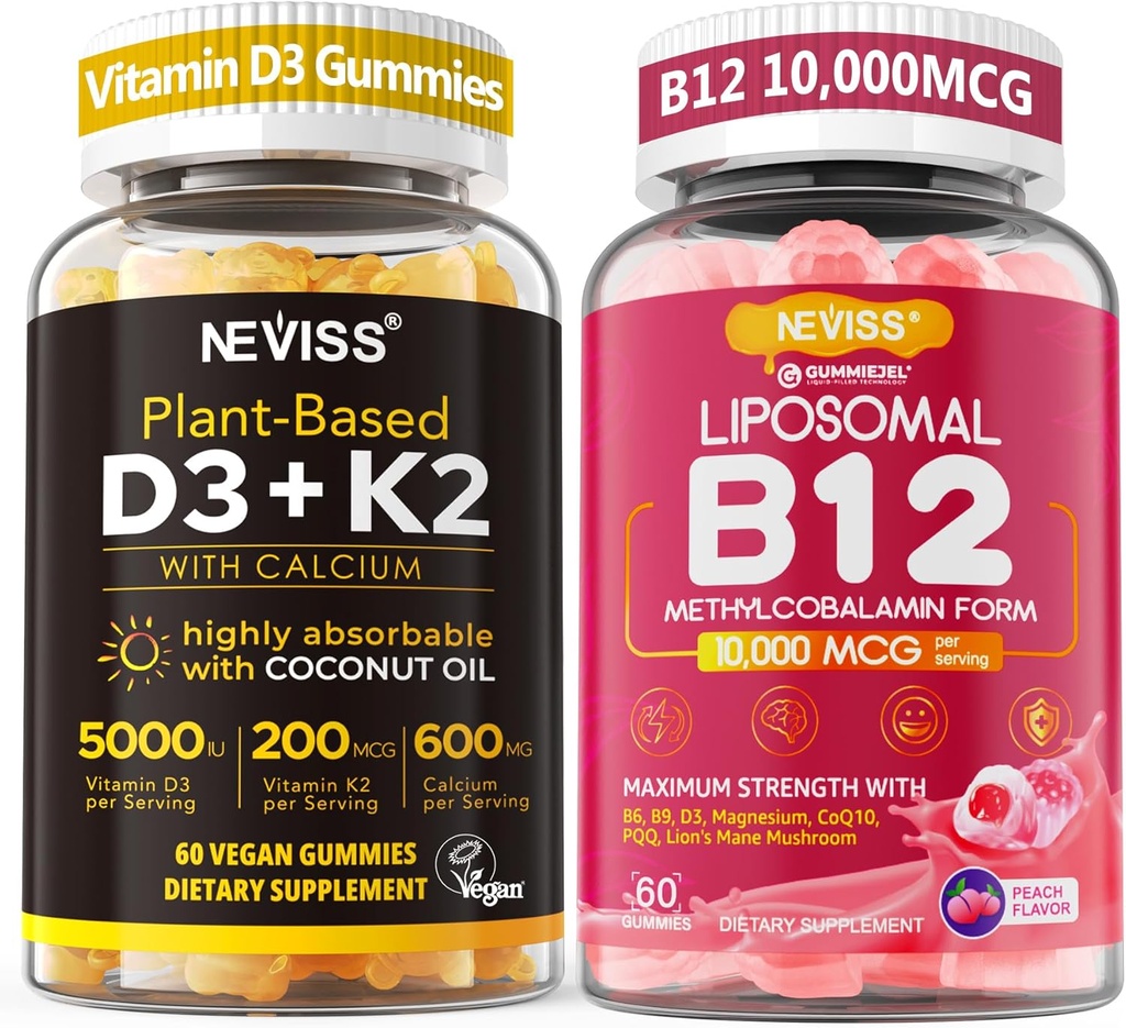 NEVISS 2Pack Vitamin D3 5000iu & K2(as MK7) 200mcg Gummies + 600mg Calcio + 1 Pack Liposomal Metil B12 5000 mcg/10000 mcg