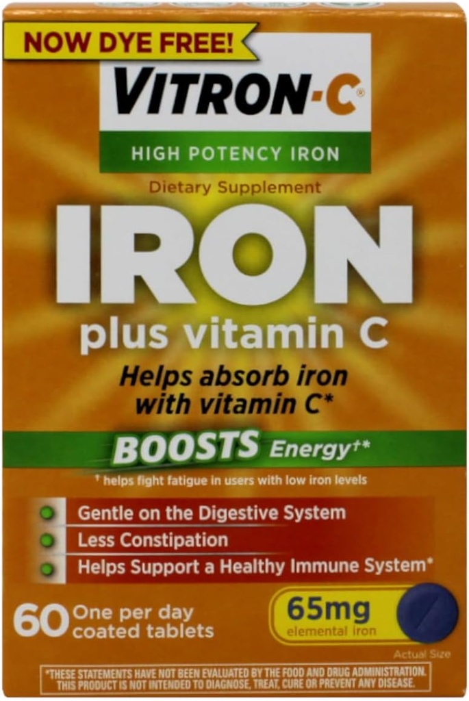 Suplemento dietético de Hierro de alta potencia Vitron-C – Iron Plus Vitamina C, Boost Energy, Gentle on The Digestive System, 60 Coated Tablets, 65 mg Elemental Iron