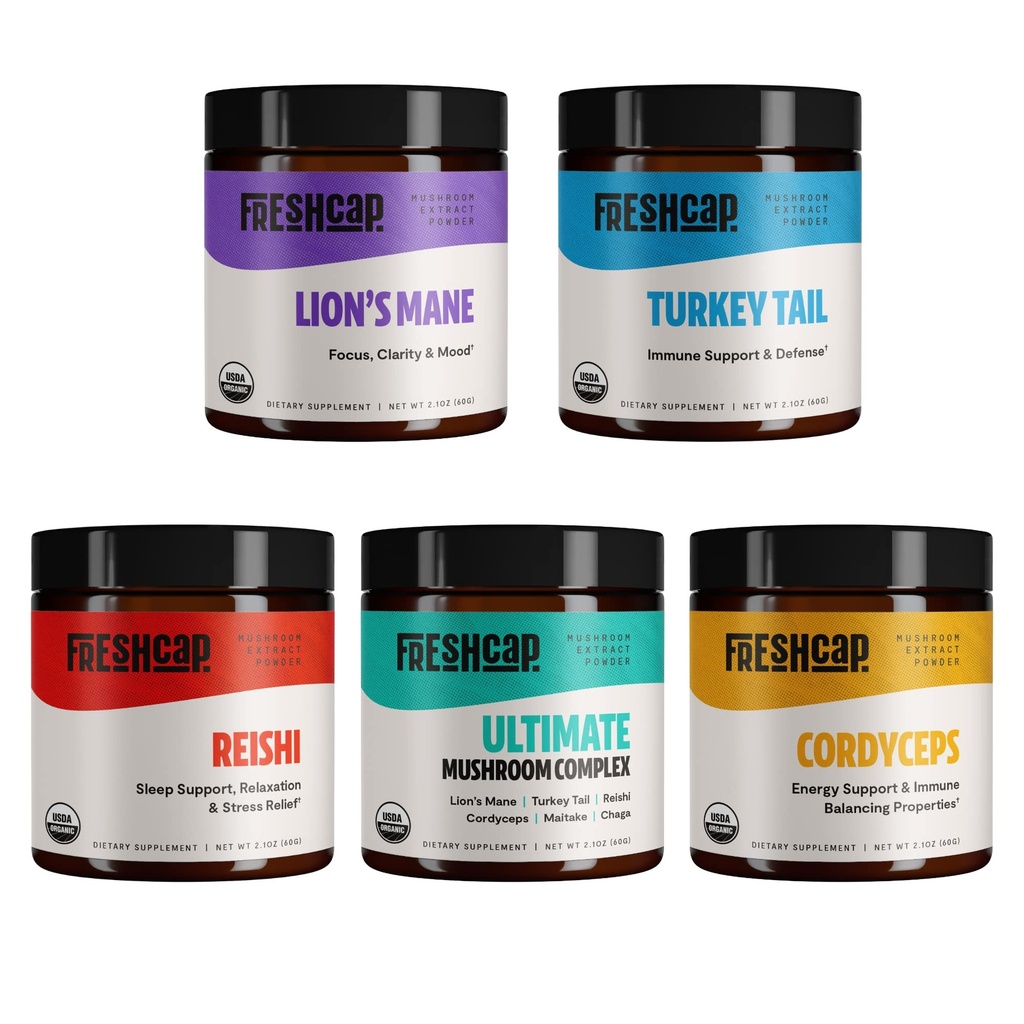 FreshCap Mushrooms Ultimate Mushroom Starter Kit (Cordyceps, Lion's Mane, Turquía Tail, Reishi y el Complejo de Mushroom Ultimate) 60 Servimientos