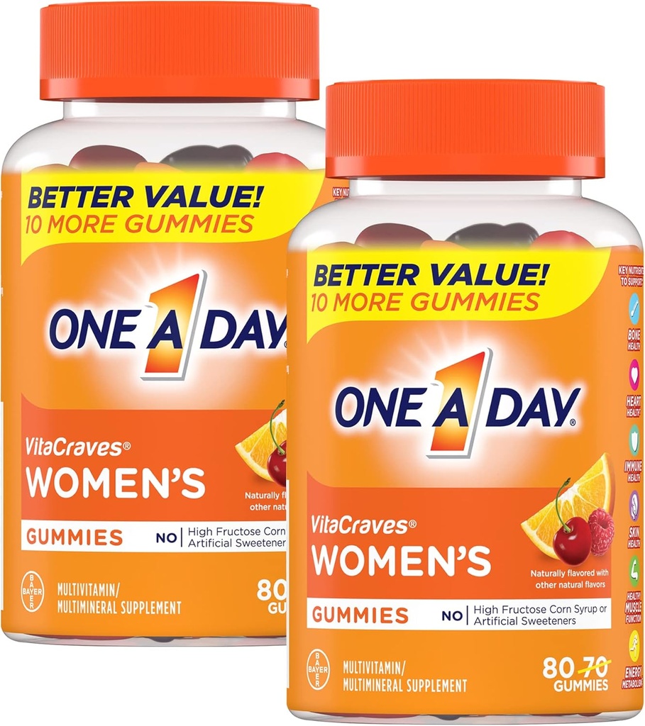 One A Day Women?s VitaCraves Multivitamin Gummies, Suplemento con Vitaminas A, C, E, B6, B12, Calcio y Vitamina D, 80 Conteo Silencioso Pack de 2